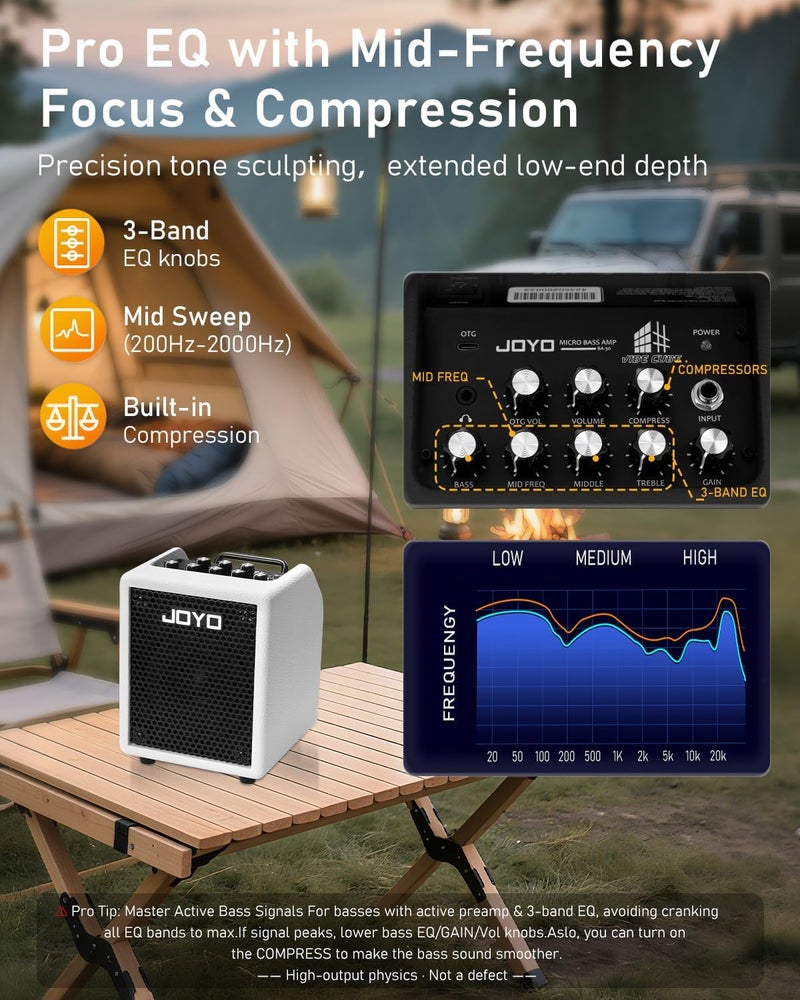 JOYO 30W Bass Combo Amplifier Portable Amp 4" Speaker with 3-Band EQ & Compressor | Bluetooth 5.1 + OTG Direct Recording | Headphone Practice for Bassist Solo Livestream Gigs (Vibe Cube BA-30, White) - Image 3